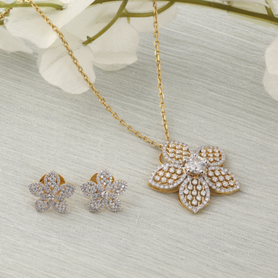 925 Silver Flower Shape Pendant Set with Monsonite Diamonds & Gold Plating